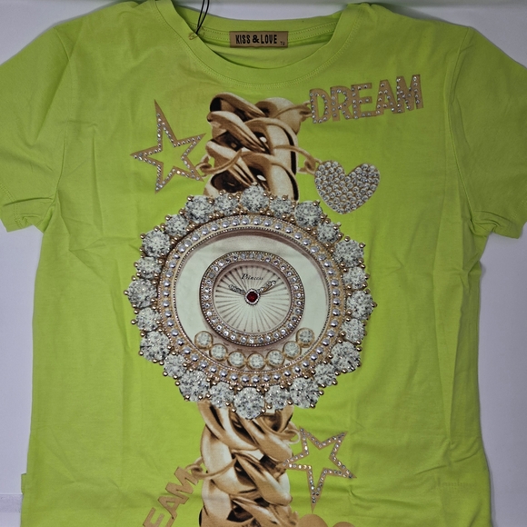 Tops - Kiss & Love Neon Green Graphic T-Shirt With Rhinestones One Size